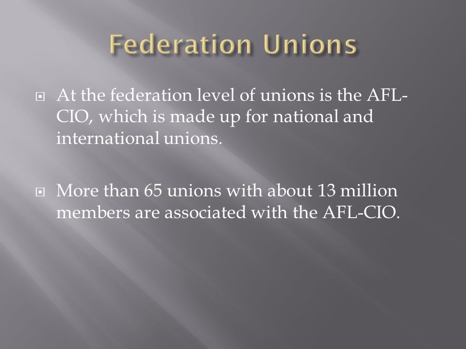  At the federation level of unions is the AFL- CIO, which is made up for national and international unions.