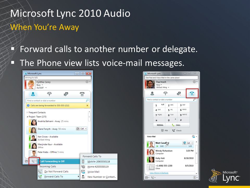 Microsoft Lync 2010 Audio  Forward calls to another number or delegate.