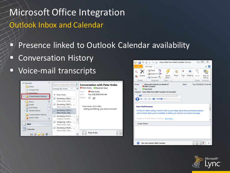  Presence linked to Outlook Calendar availability  Conversation History  Voic transcripts Outlook Inbox and Calendar