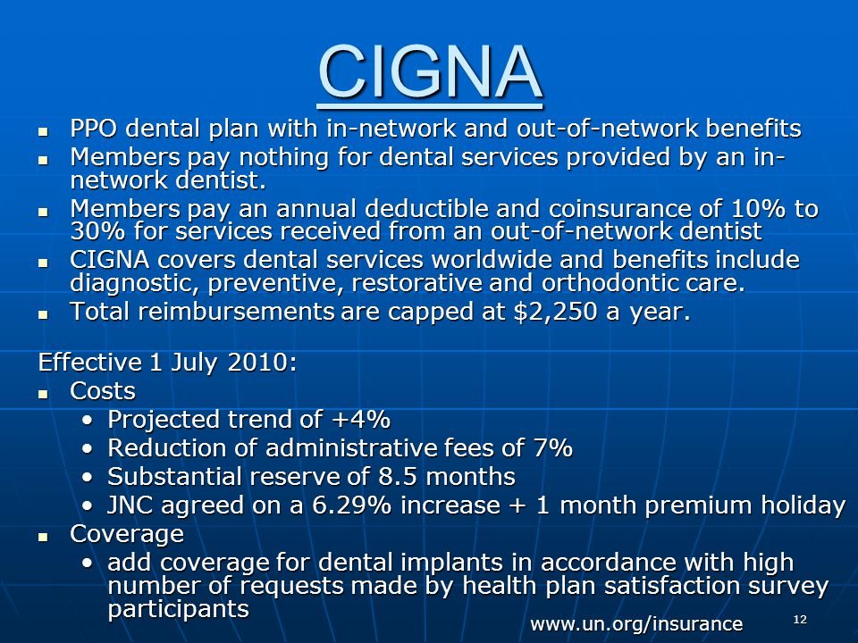 12 CIGNA PPO dental plan with in-network and out-of-network benefits PPO dental plan with in-network and out-of-network benefits Members pay nothing for dental services provided by an in- network dentist.