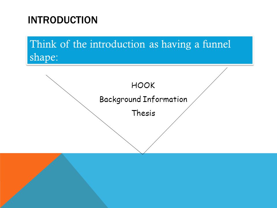 INTRODUCTION Think of the introduction as having a funnel shape: HOOK Background Information Thesis