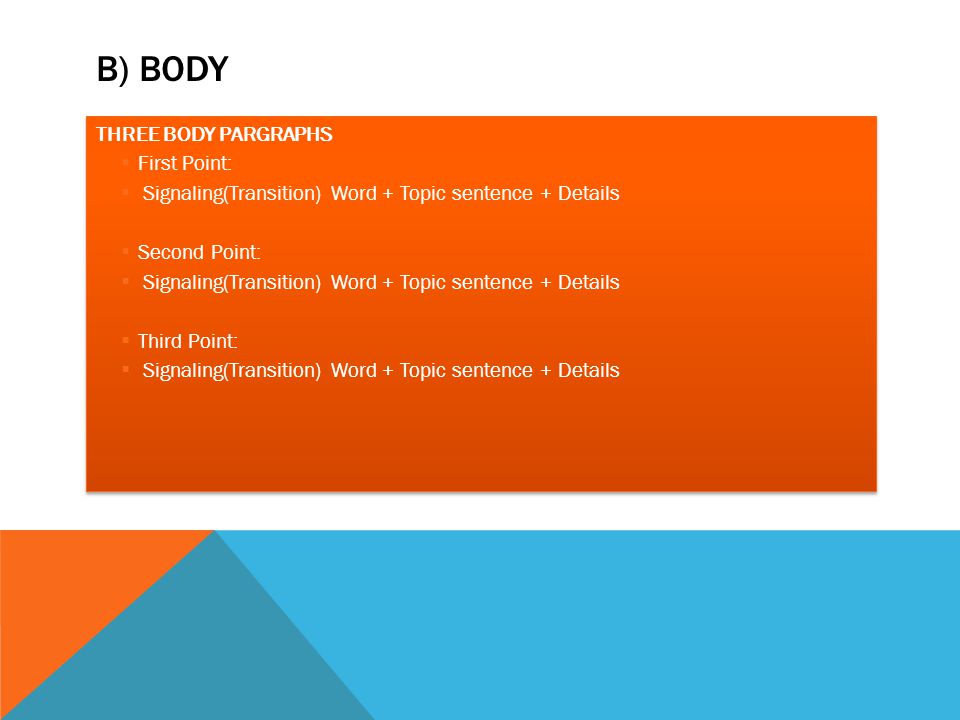 B) BODY THREE BODY PARGRAPHS  First Point:  Signaling(Transition) Word + Topic sentence + Details  Second Point:  Signaling(Transition) Word + Topic sentence + Details  Third Point:  Signaling(Transition) Word + Topic sentence + Details THREE BODY PARGRAPHS FFirst Point:  Signaling(Transition) Word + Topic sentence + Details SSecond Point: ignaling(Transition) Word + Topic sentence + Details TThird Point: ignaling(Transition) Word + Topic sentence + Details