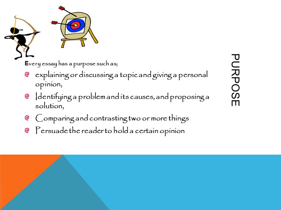 PURPOSE E very essay has a purpose such as; explaining or discussing a topic and giving a personalopinion,Identifying a problem and its causes, and proposing asolution,Comparing and contrasting two or more thingsPersuade the reader to hold a certain opinion