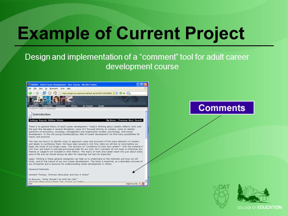 Example of Current Project Design and implementation of a comment tool for adult career development course