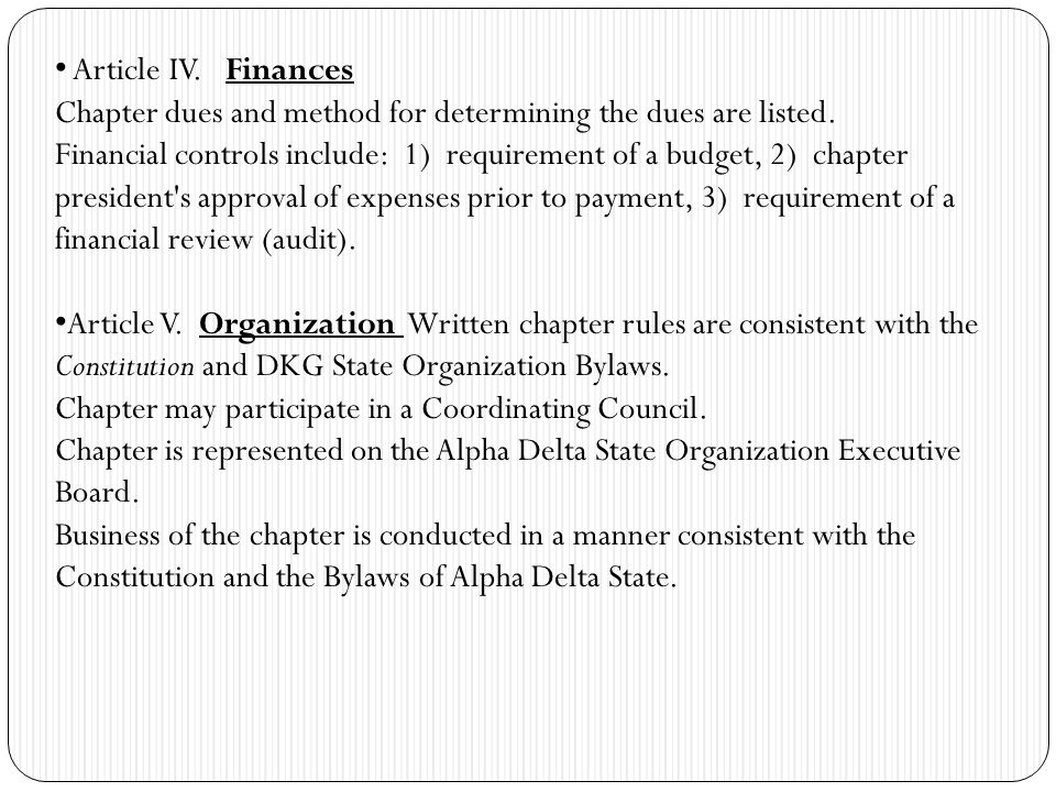 Article IV. Finances Chapter dues and method for determining the dues are listed.