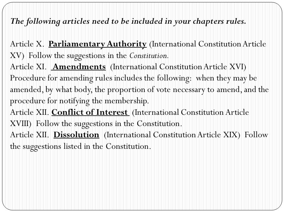The following articles need to be included in your chapters rules.