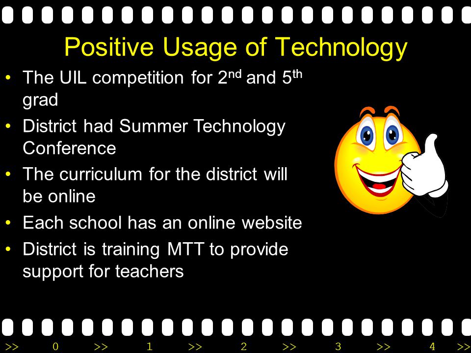 >>0 >>1 >> 2 >> 3 >> 4 >> Teacher at my Campus Today 80% teach using a student centered approach Teachers give state assessments using palm pilots Only about 50% attend summer technology trainings Still follow curriculum-centered educational approach Use computers for administrative purposes