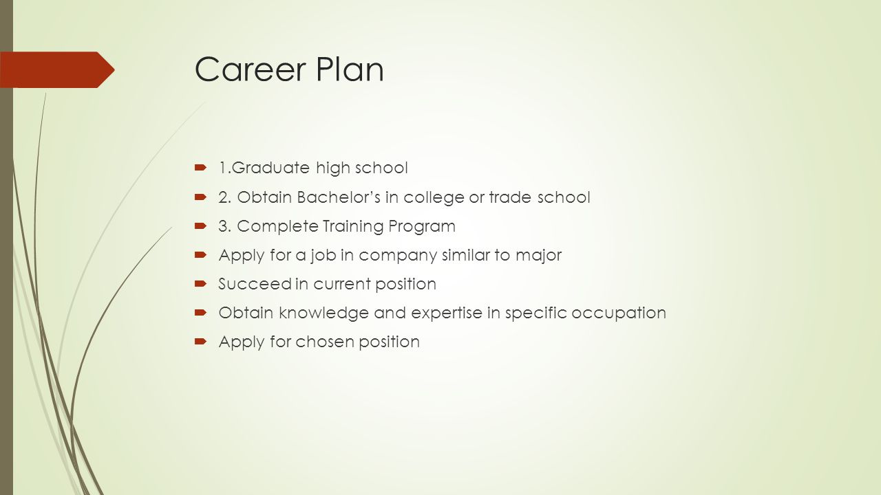 Career Plan  1.Graduate high school  2. Obtain Bachelor’s in college or trade school  3.