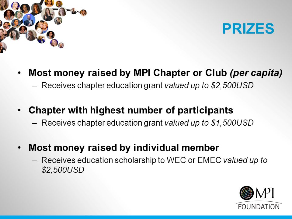 PRIZES Most money raised by MPI Chapter or Club (per capita) –Receives chapter education grant valued up to $2,500USD Chapter with highest number of participants –Receives chapter education grant valued up to $1,500USD Most money raised by individual member –Receives education scholarship to WEC or EMEC valued up to $2,500USD