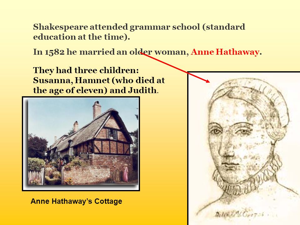 They had three children: Susanna, Hamnet (who died at the age of eleven) and Judith.