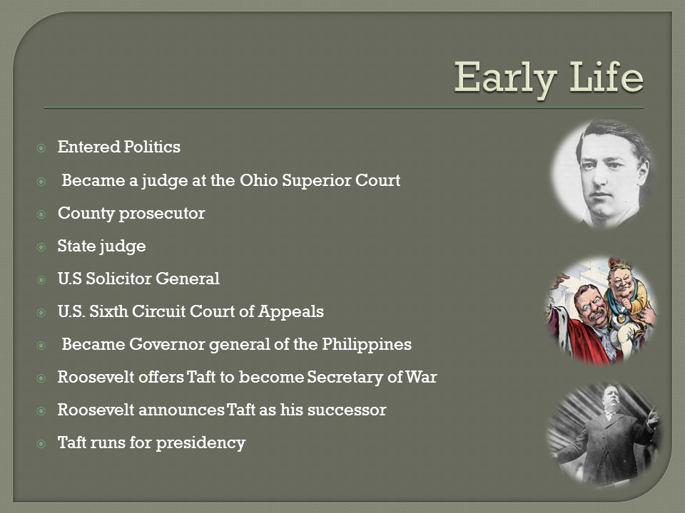  Entered Politics  Became a judge at the Ohio Superior Court  County prosecutor  State judge  U.S Solicitor General  U.S.