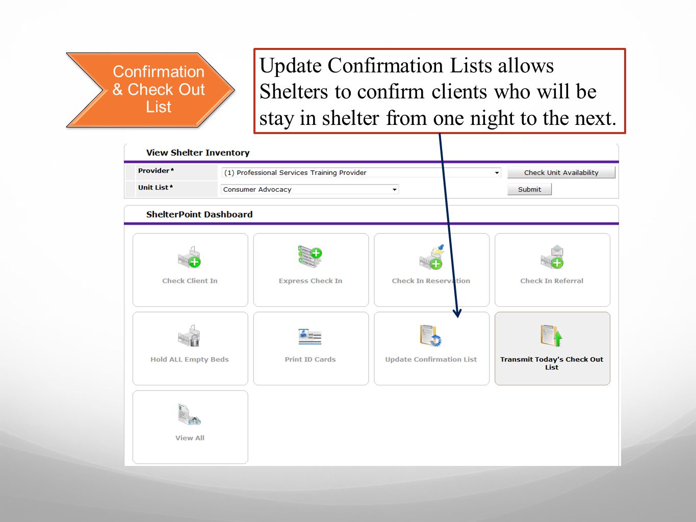 Confirmation & Check Out List Update Confirmation Lists allows Shelters to confirm clients who will be stay in shelter from one night to the next.