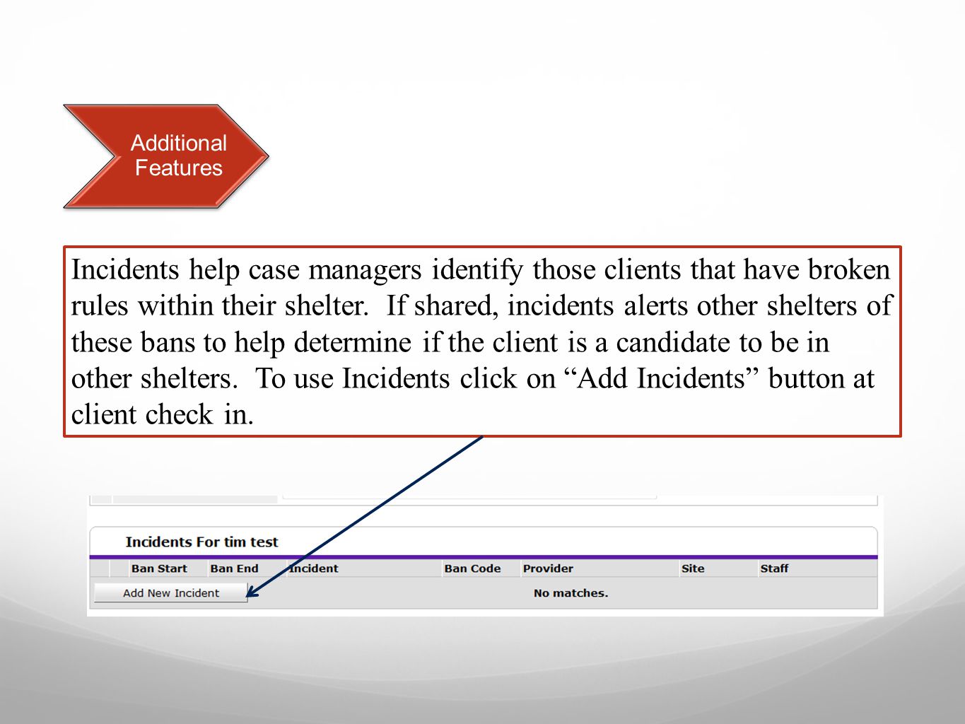 Incidents help case managers identify those clients that have broken rules within their shelter.