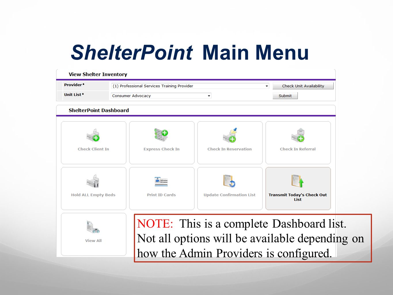 ShelterPoint Main Menu NOTE: This is a complete Dashboard list.