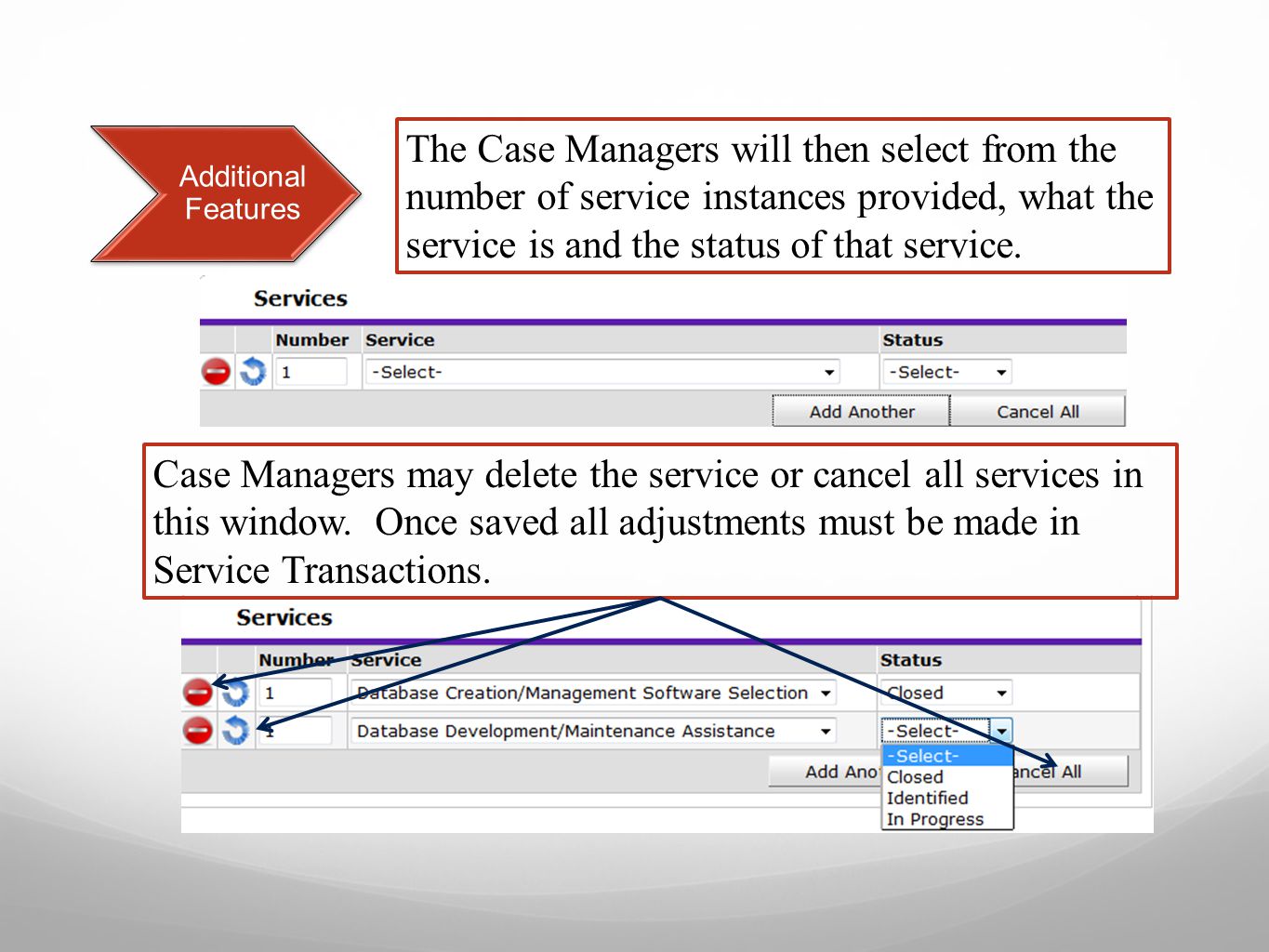 Additional Features The Case Managers will then select from the number of service instances provided, what the service is and the status of that service.