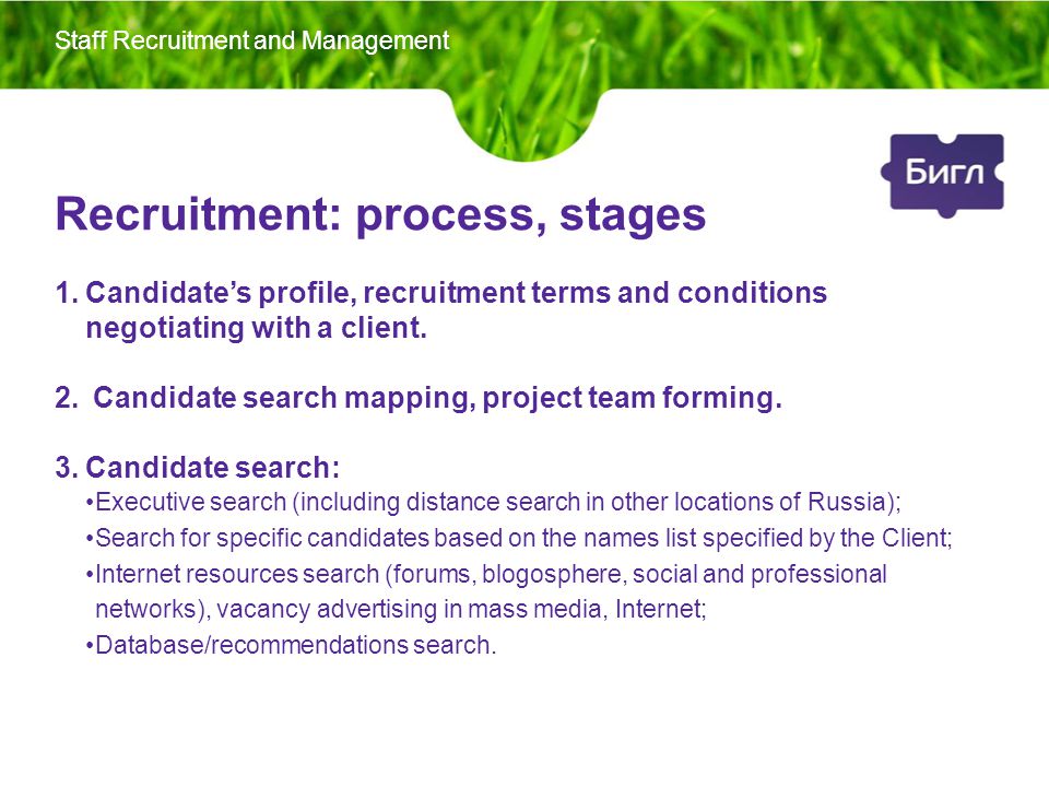 Recruitment: process, stages 1.Candidate’s profile, recruitment terms and conditions negotiating with a client.
