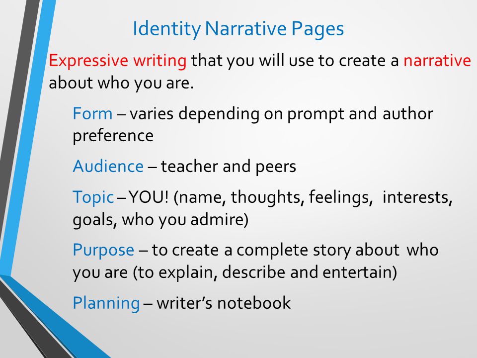 Identity Narrative Pages Expressive writing that you will use to create a narrative about who you are.