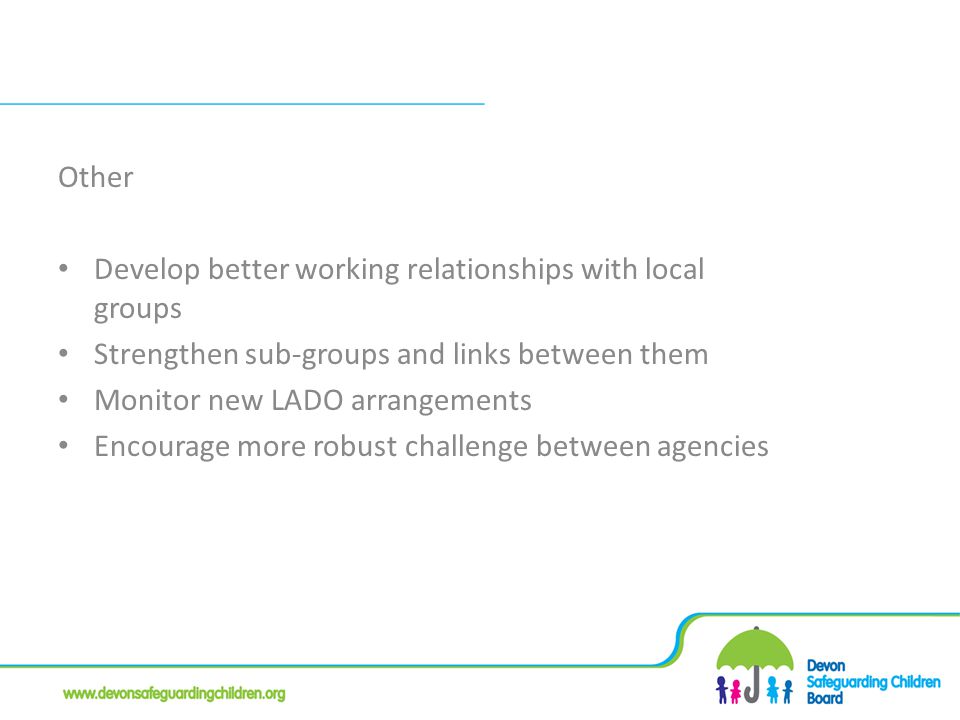 Other Develop better working relationships with local groups Strengthen sub-groups and links between them Monitor new LADO arrangements Encourage more robust challenge between agencies