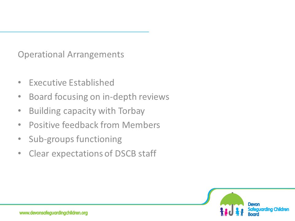 Operational Arrangements Executive Established Board focusing on in-depth reviews Building capacity with Torbay Positive feedback from Members Sub-groups functioning Clear expectations of DSCB staff
