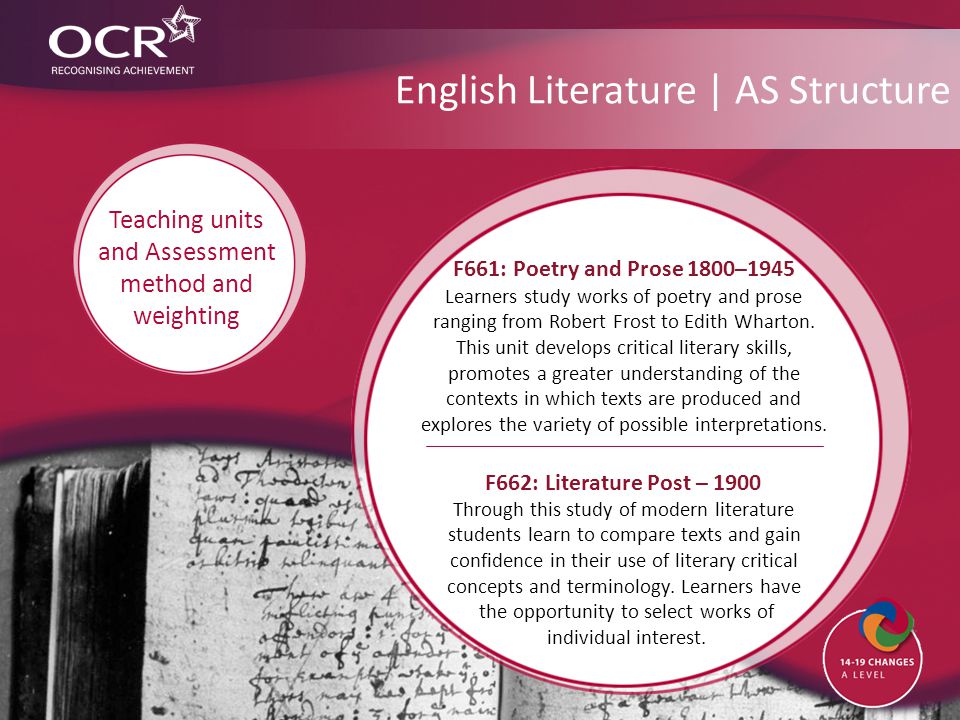 English Literature | AS Structure F661: Poetry and Prose 1800–1945 Learners study works of poetry and prose ranging from Robert Frost to Edith Wharton.