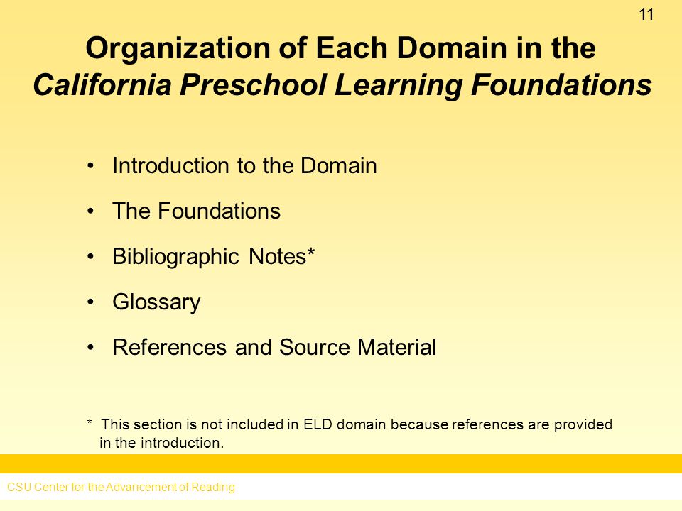 11 Organization of Each Domain in the California Preschool Learning Foundations Introduction to the Domain The Foundations Bibliographic Notes* Glossary References and Source Material * This section is not included in ELD domain because references are provided in the introduction.