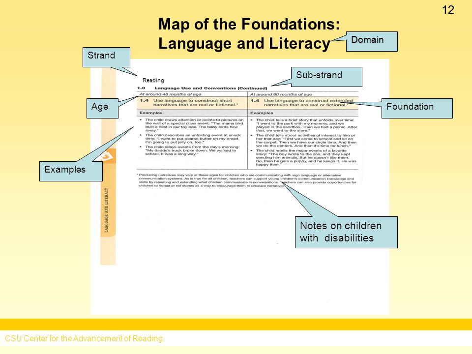 12 Map of the Foundations: Language and Literacy Reading Domain Strand Sub-strand Foundation Age Examples Notes on children with disabilities CSU Center for the Advancement of Reading