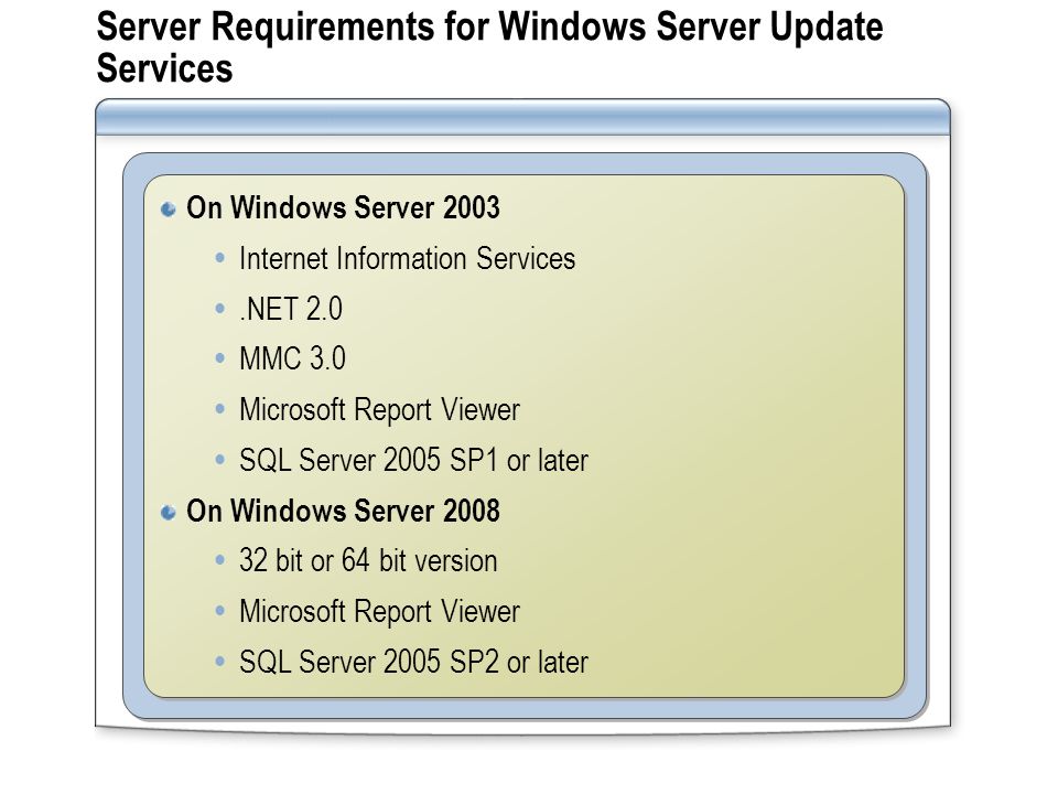 Server Requirements for Windows Server Update Services On Windows Server 2003  Internet Information Services .NET 2.0  MMC 3.0  Microsoft Report Viewer  SQL Server 2005 SP1 or later On Windows Server 2008  32 bit or 64 bit version  Microsoft Report Viewer  SQL Server 2005 SP2 or later On Windows Server 2003  Internet Information Services .NET 2.0  MMC 3.0  Microsoft Report Viewer  SQL Server 2005 SP1 or later On Windows Server 2008  32 bit or 64 bit version  Microsoft Report Viewer  SQL Server 2005 SP2 or later