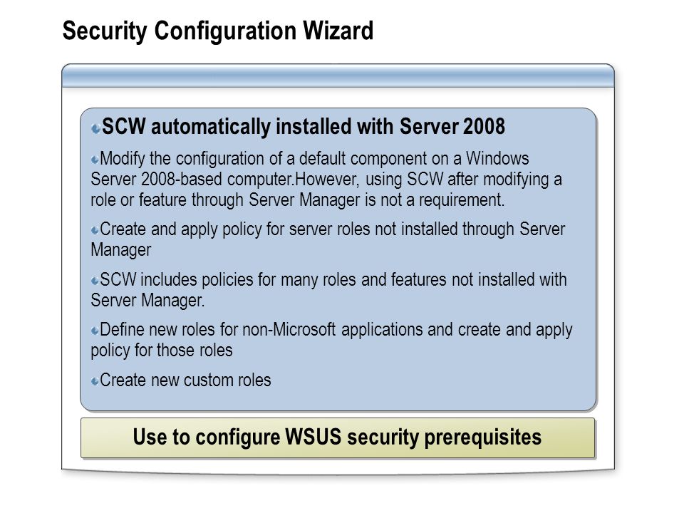 SCW automatically installed with Server 2008 Modify the configuration of a default component on a Windows Server 2008-based computer.However, using SCW after modifying a role or feature through Server Manager is not a requirement.