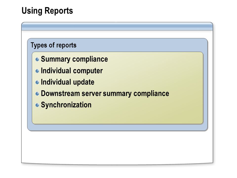 Using Reports Types of reports Summary compliance Individual computer Individual update Downstream server summary compliance Synchronization Summary compliance Individual computer Individual update Downstream server summary compliance Synchronization
