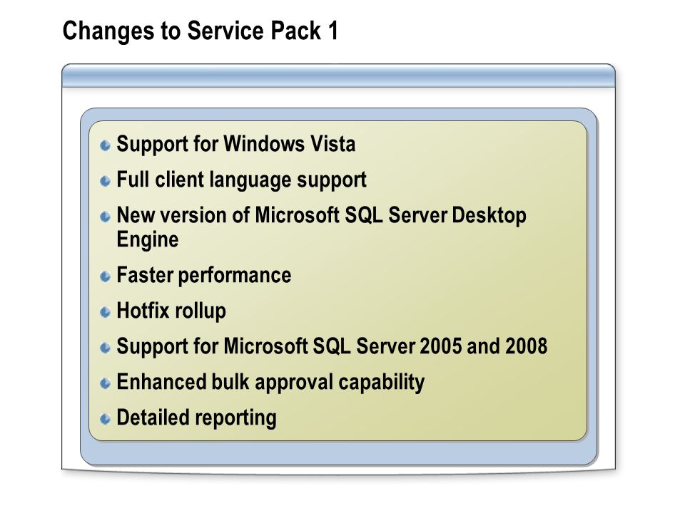 Changes to Service Pack 1 Support for Windows Vista Full client language support New version of Microsoft SQL Server Desktop Engine Faster performance Hotfix rollup Support for Microsoft SQL Server 2005 and 2008 Enhanced bulk approval capability Detailed reporting Support for Windows Vista Full client language support New version of Microsoft SQL Server Desktop Engine Faster performance Hotfix rollup Support for Microsoft SQL Server 2005 and 2008 Enhanced bulk approval capability Detailed reporting