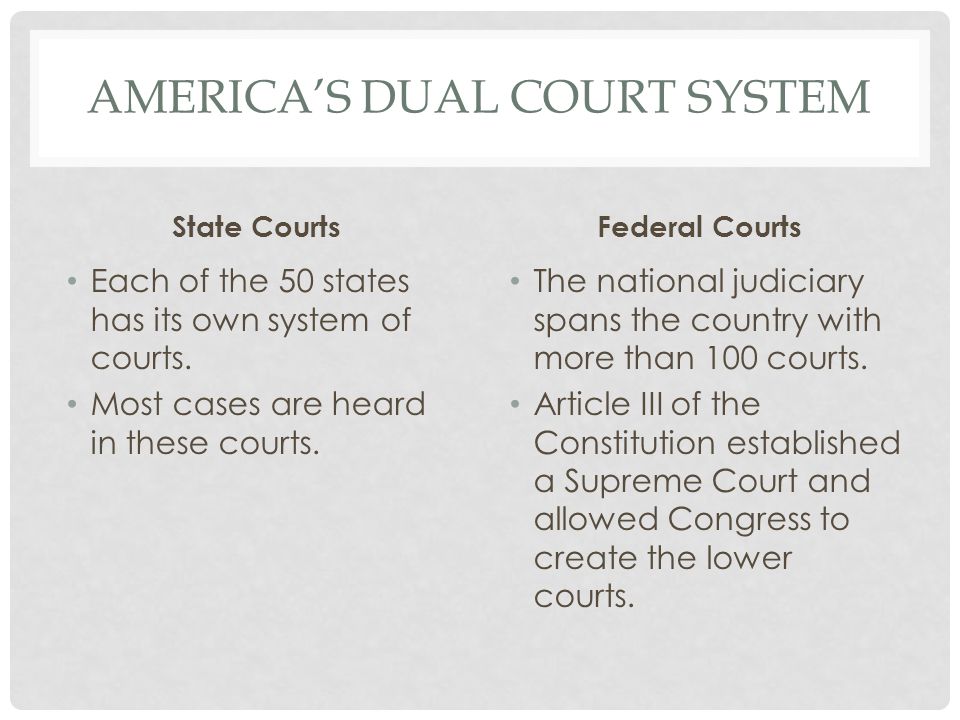 AMERICA’S DUAL COURT SYSTEM State Courts Each of the 50 states has its own system of courts.