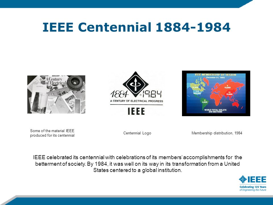 IEEE Centennial Some of the material IEEE produced for its centennial Centennial LogoMembership distribution, 1984 IEEE celebrated its centennial with celebrations of its members’ accomplishments for the betterment of society.