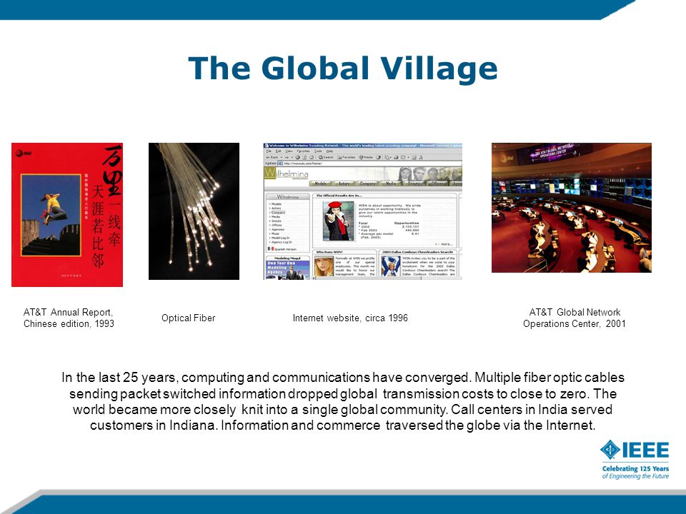 The Global Village AT&T Global Network Operations Center, 2001 Internet website, circa 1996 AT&T Annual Report, Chinese edition, 1993 Optical Fiber In the last 25 years, computing and communications have converged.