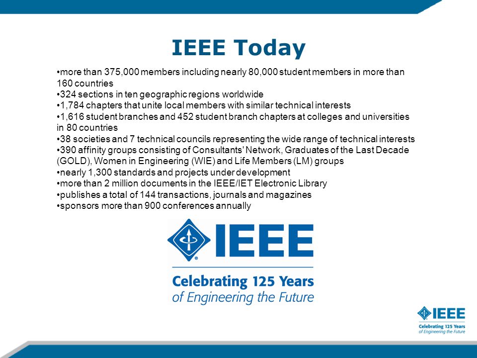 IEEE Today more than 375,000 members including nearly 80,000 student members in more than 160 countries 324 sections in ten geographic regions worldwide 1,784 chapters that unite local members with similar technical interests 1,616 student branches and 452 student branch chapters at colleges and universities in 80 countries 38 societies and 7 technical councils representing the wide range of technical interests 390 affinity groups consisting of Consultants Network, Graduates of the Last Decade (GOLD), Women in Engineering (WIE) and Life Members (LM) groups nearly 1,300 standards and projects under development more than 2 million documents in the IEEE/IET Electronic Library publishes a total of 144 transactions, journals and magazines sponsors more than 900 conferences annually