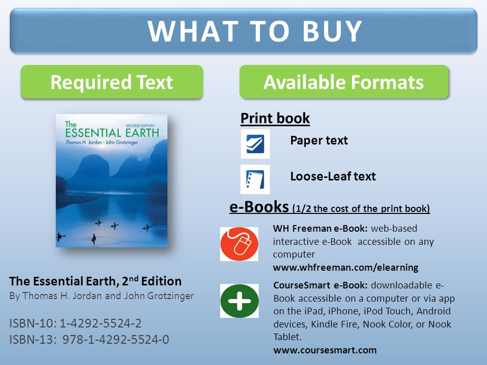 Required Text Available Formats Paper text WH Freeman e-Book: web-based interactive e-Book accessible on any computer   WHAT TO BUY The Essential Earth, 2 nd Edition By Thomas H.