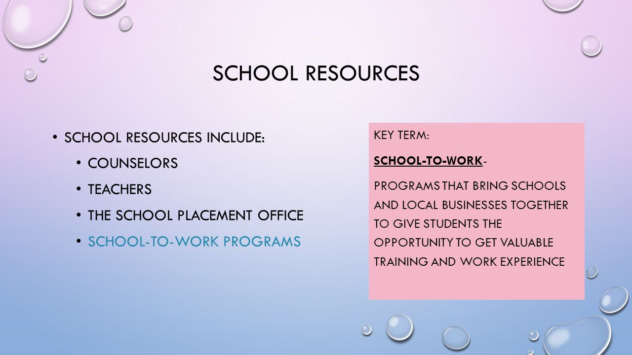 SCHOOL RESOURCES SCHOOL RESOURCES INCLUDE: COUNSELORS TEACHERS THE SCHOOL PLACEMENT OFFICE SCHOOL-TO-WORK PROGRAMS KEY TERM: SCHOOL-TO-WORK- PROGRAMS THAT BRING SCHOOLS AND LOCAL BUSINESSES TOGETHER TO GIVE STUDENTS THE OPPORTUNITY TO GET VALUABLE TRAINING AND WORK EXPERIENCE