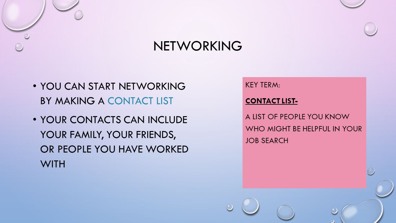 NETWORKING YOU CAN START NETWORKING BY MAKING A CONTACT LIST YOUR CONTACTS CAN INCLUDE YOUR FAMILY, YOUR FRIENDS, OR PEOPLE YOU HAVE WORKED WITH KEY TERM: CONTACT LIST- A LIST OF PEOPLE YOU KNOW WHO MIGHT BE HELPFUL IN YOUR JOB SEARCH