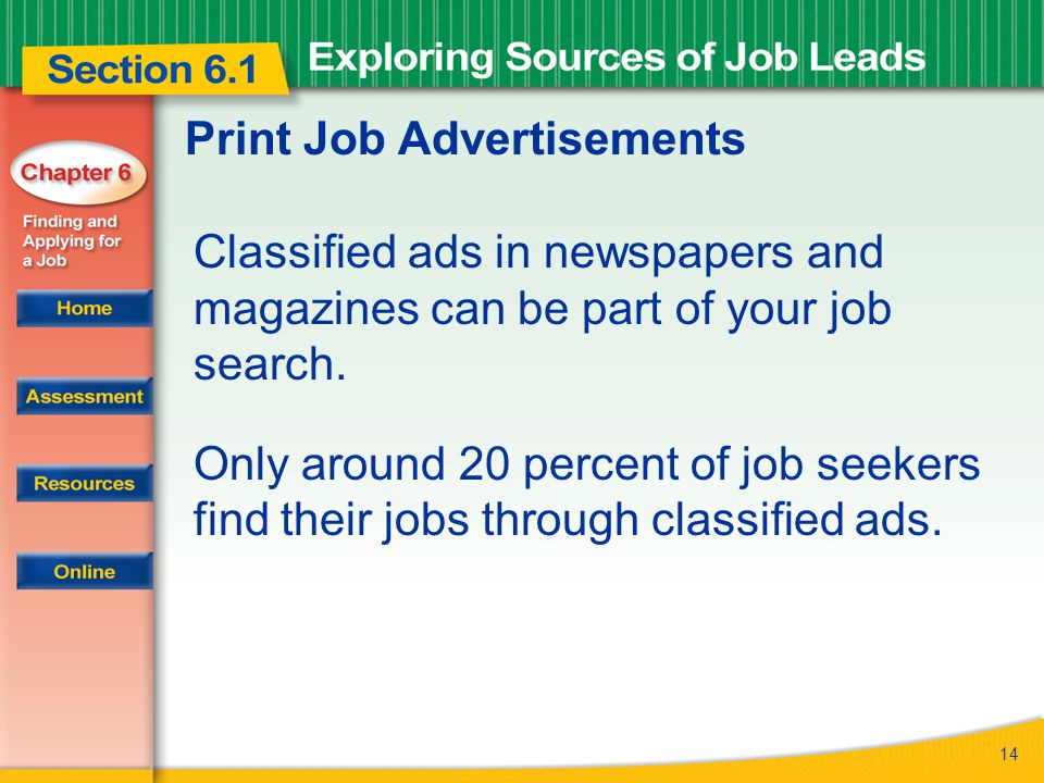 14 Print Job Advertisements Classified ads in newspapers and magazines can be part of your job search.