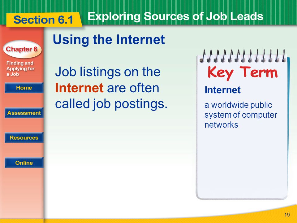 19 Using the Internet Job listings on the Internet are often called job postings.