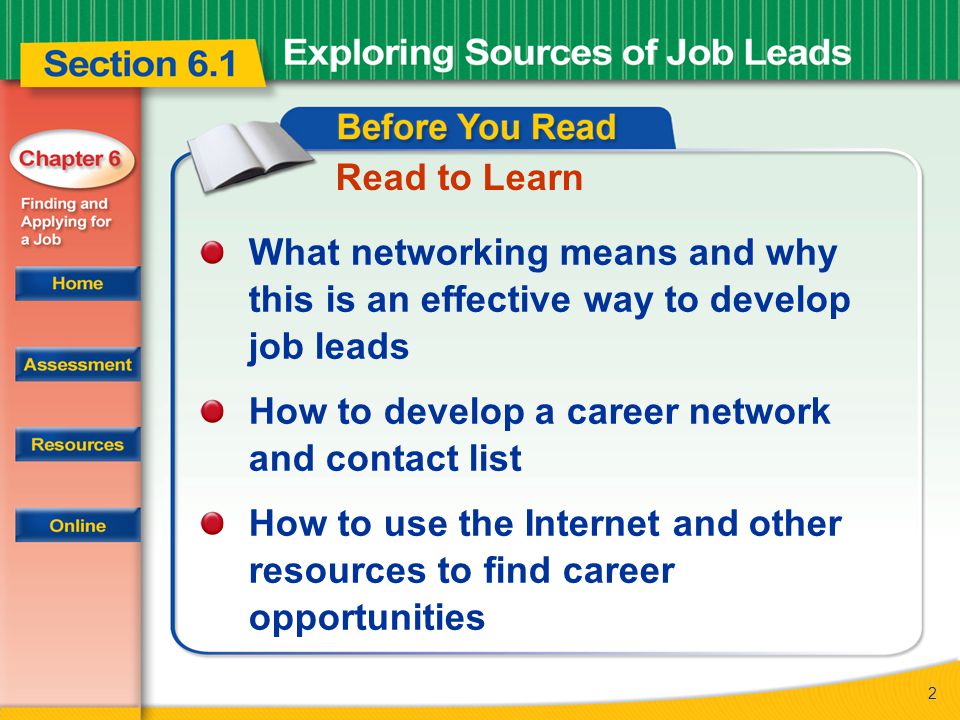 2 Read to Learn What networking means and why this is an effective way to develop job leads How to develop a career network and contact list How to use the Internet and other resources to find career opportunities