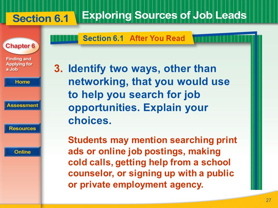 27 Section 6.1 After You Read 3.Identify two ways, other than networking, that you would use to help you search for job opportunities.