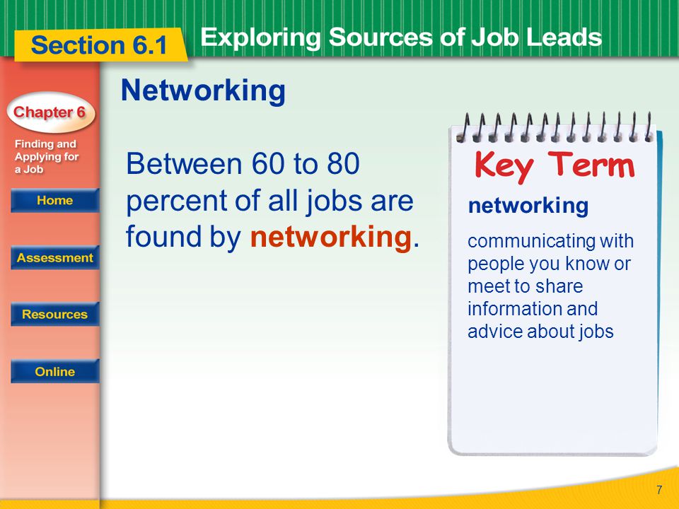 7 Networking Between 60 to 80 percent of all jobs are found by networking.