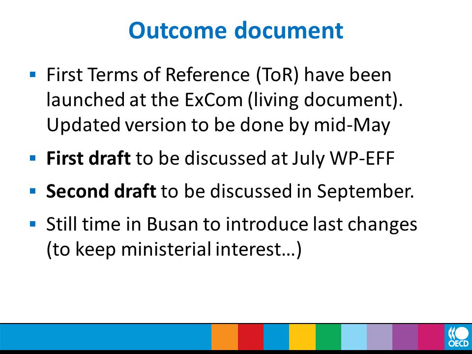 Outcome document  First Terms of Reference (ToR) have been launched at the ExCom (living document).