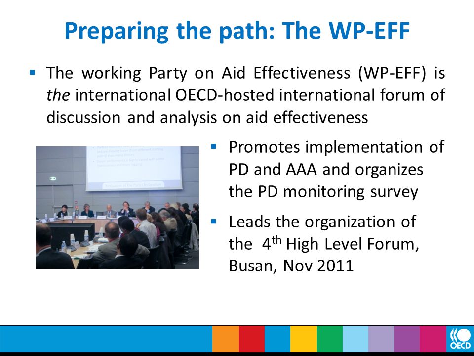 Preparing the path: The WP-EFF  The working Party on Aid Effectiveness (WP-EFF) is the international OECD-hosted international forum of discussion and analysis on aid effectiveness  Promotes implementation of PD and AAA and organizes the PD monitoring survey  Leads the organization of the 4 th High Level Forum, Busan, Nov 2011