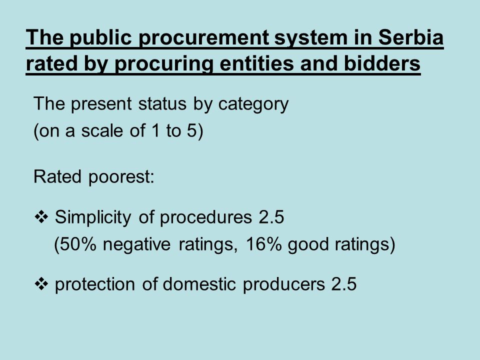 The public procurement system in Serbia rated by procuring entities and bidders The present status by category (on a scale of 1 to 5) Rated poorest:  Simplicity of procedures 2.5 (50% negative ratings, 16% good ratings)  protection of domestic producers 2.5