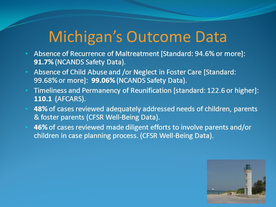 Michigan’s Outcome Data Absence of Recurrence of Maltreatment [Standard: 94.6% or more]: 91.7% (NCANDS Safety Data).
