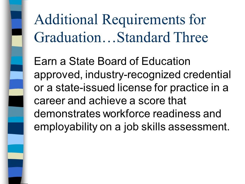 Additional Requirements for Graduation…Standard Three Earn a State Board of Education approved, industry-recognized credential or a state-issued license for practice in a career and achieve a score that demonstrates workforce readiness and employability on a job skills assessment.
