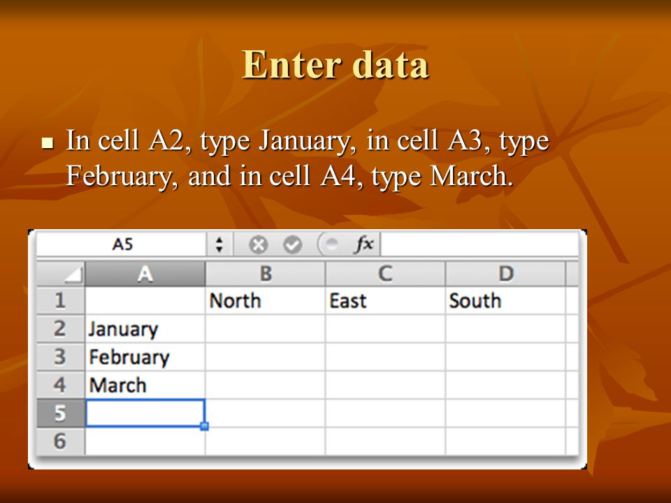 Enter data In cell A2, type January, in cell A3, type February, and in cell A4, type March.