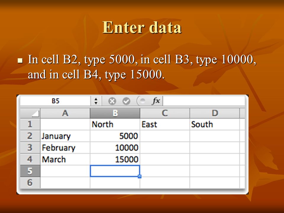 Enter data In cell B2, type 5000, in cell B3, type 10000, and in cell B4, type