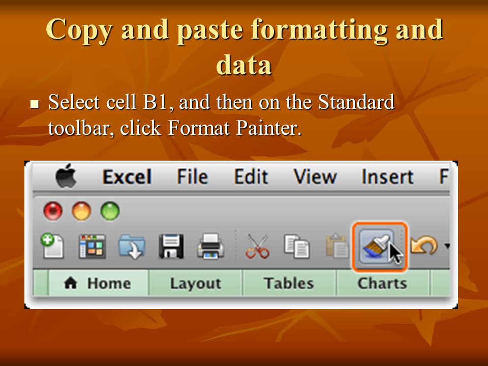 Copy and paste formatting and data Select cell B1, and then on the Standard toolbar, click Format Painter.